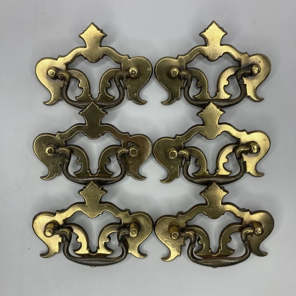 6 Brass Drawer Swing Handle Pulls Chippendale Batwing Antique Hardware